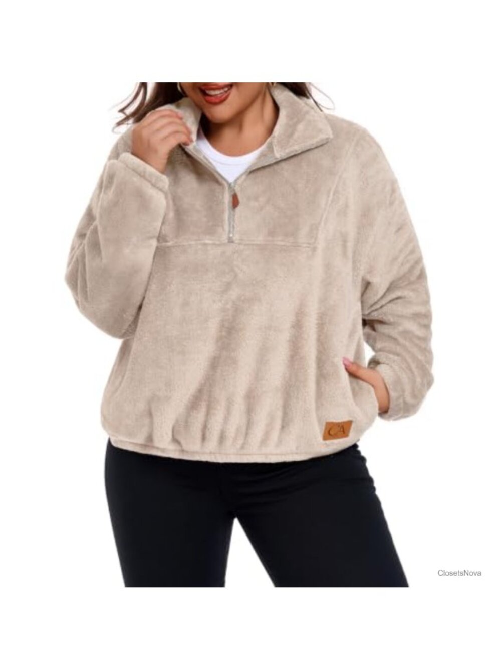 Plus Size Fuzzy Fleece Half Zip Sweatshirt A-Line Pullover
